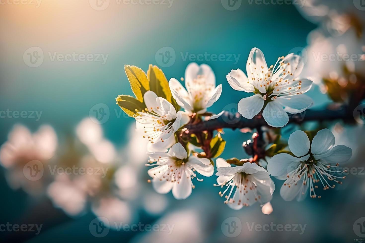 Fotos Geäst von blühen Kirsche Makro mit Sanft Fokus auf sanft Licht Blau Himmel Hintergrund im Sonnenlicht mit Kopieren Raum. schön Blumen- Bild von Frühling Natur, Fotografie