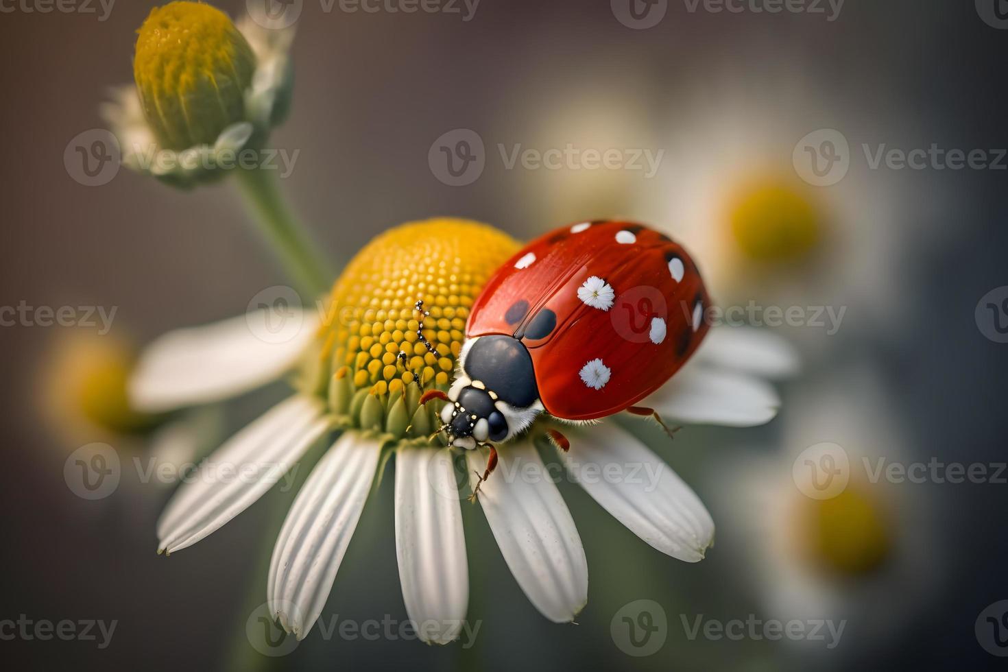 Foto rot Marienkäfer auf Kamille Blume, Marienkäfer kriecht auf Stengel von Pflanze im Frühling im Garten im Sommer, Fotografie