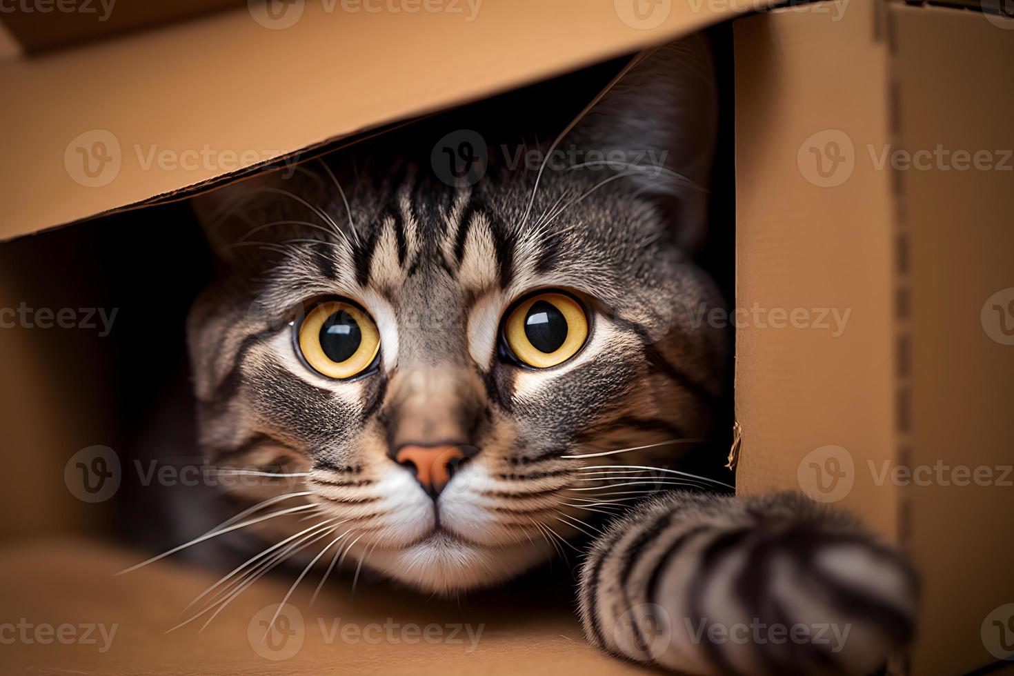 Porträt süß grau Tabby Katze im Karton Box auf Fußboden beim Zuhause Fotografie foto