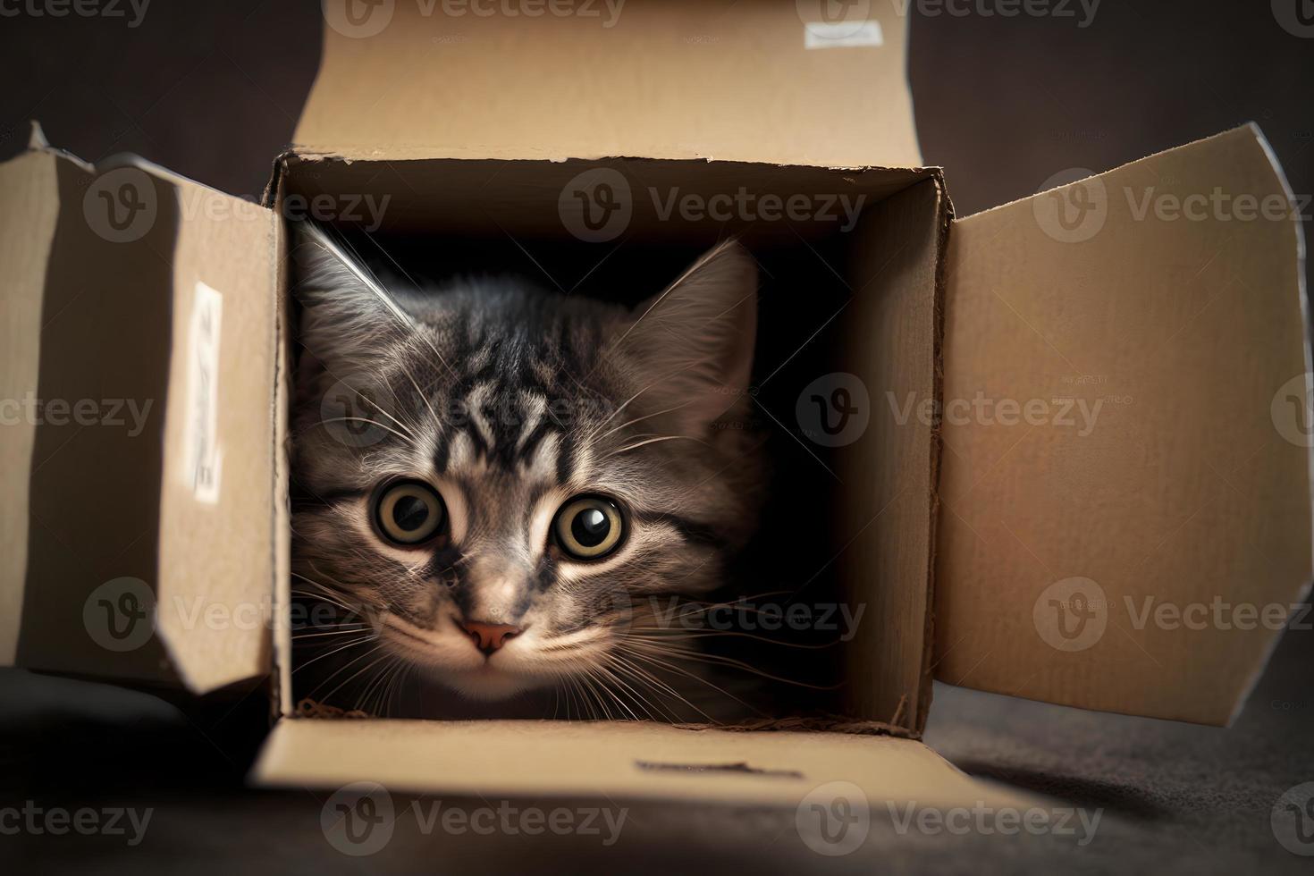 Porträt süß grau Tabby Katze im Karton Box auf Fußboden beim Zuhause Fotografie foto