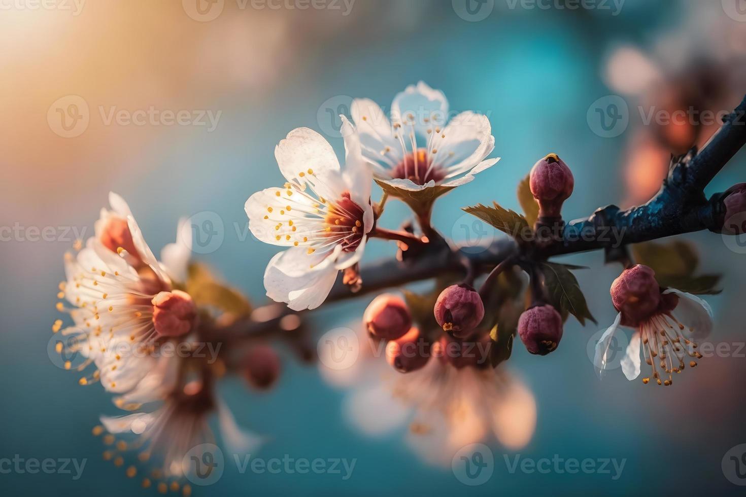 Fotos Geäst von blühen Kirsche Makro mit Sanft Fokus auf sanft Licht Blau Himmel Hintergrund im Sonnenlicht mit Kopieren Raum. schön Blumen- Bild von Frühling Natur, Fotografie