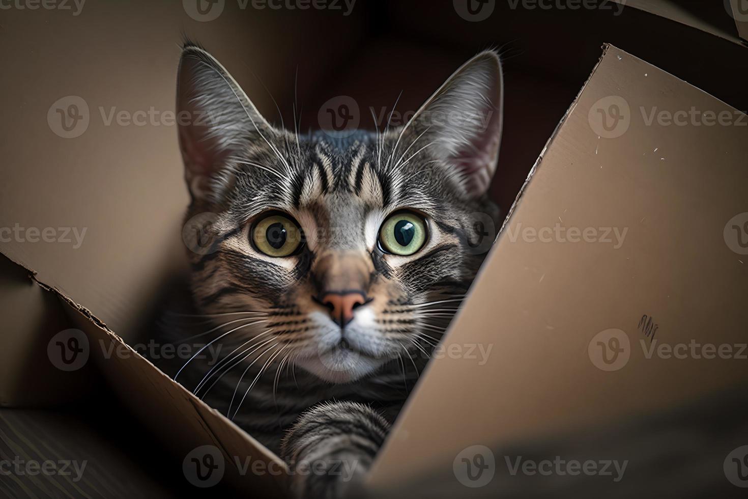 Porträt süß grau Tabby Katze im Karton Box auf Fußboden beim Zuhause Fotografie foto