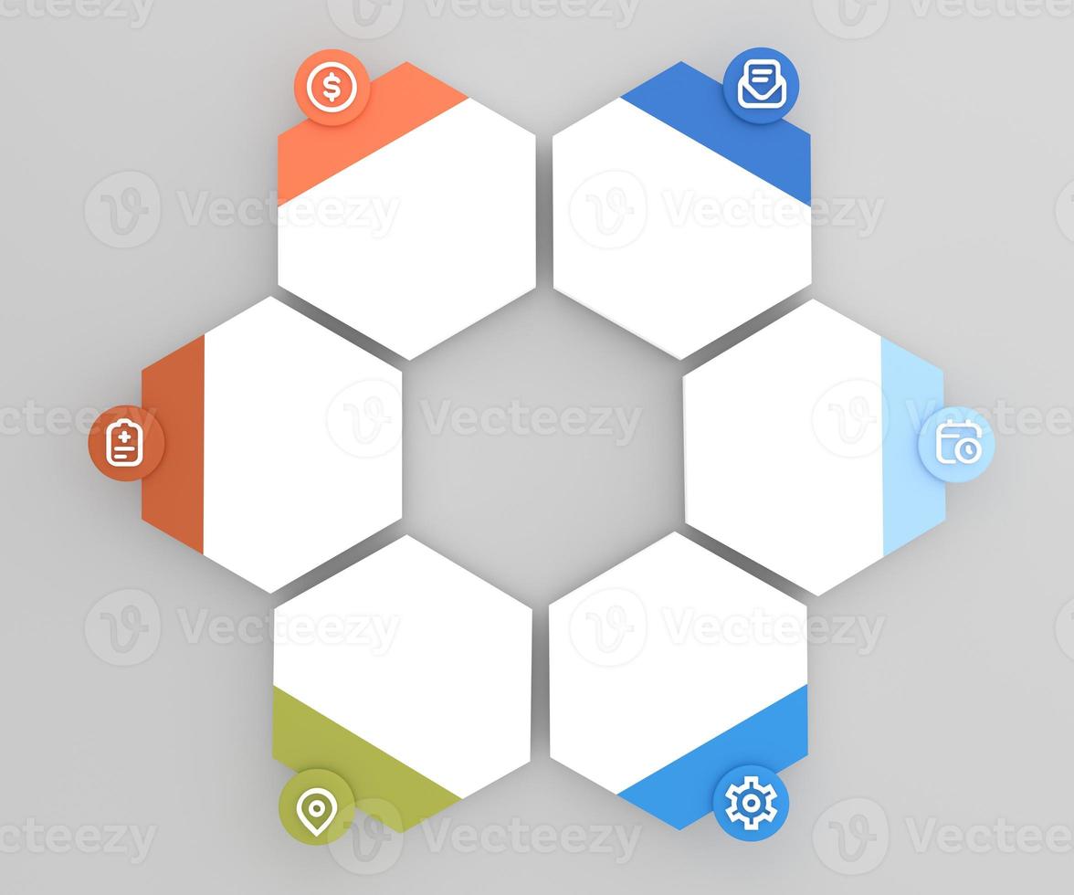 Illustration Hexagon Infografiken sechs Optionen. Vorlage zum Broschüre, Netz Design. foto