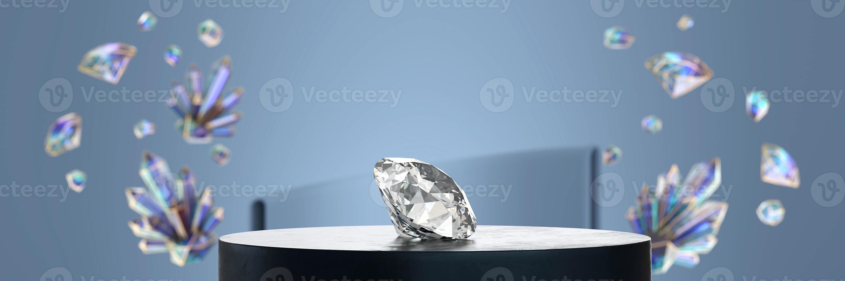 Nahaufnahme von Diamanten auf dem Podium mit buntem Kristallhintergrund foto