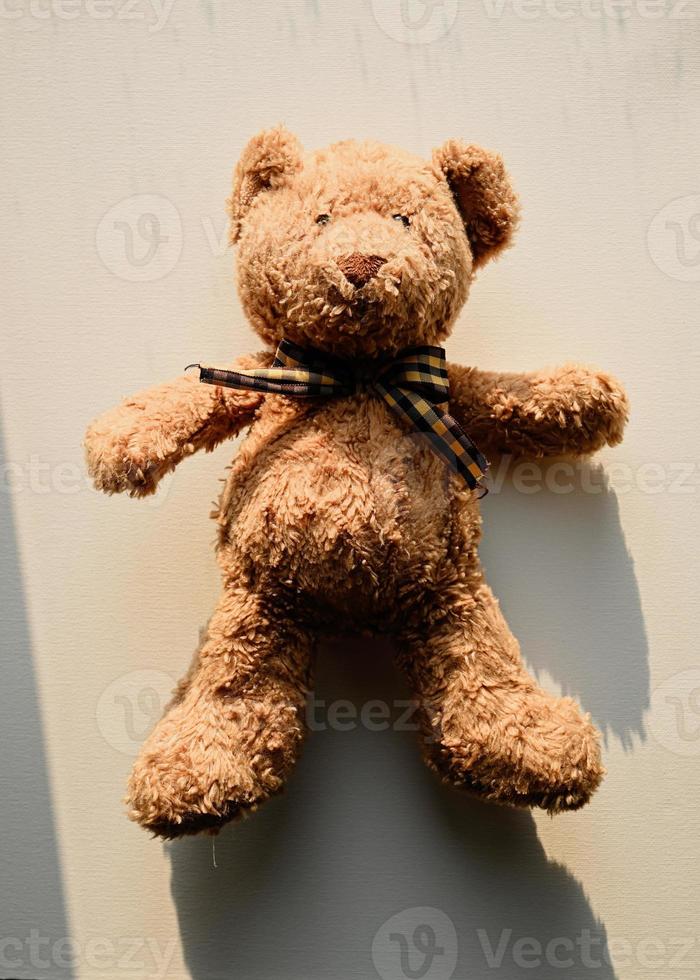 flauschige braun Teddy tragen, Sitzung auf das Fenster. foto