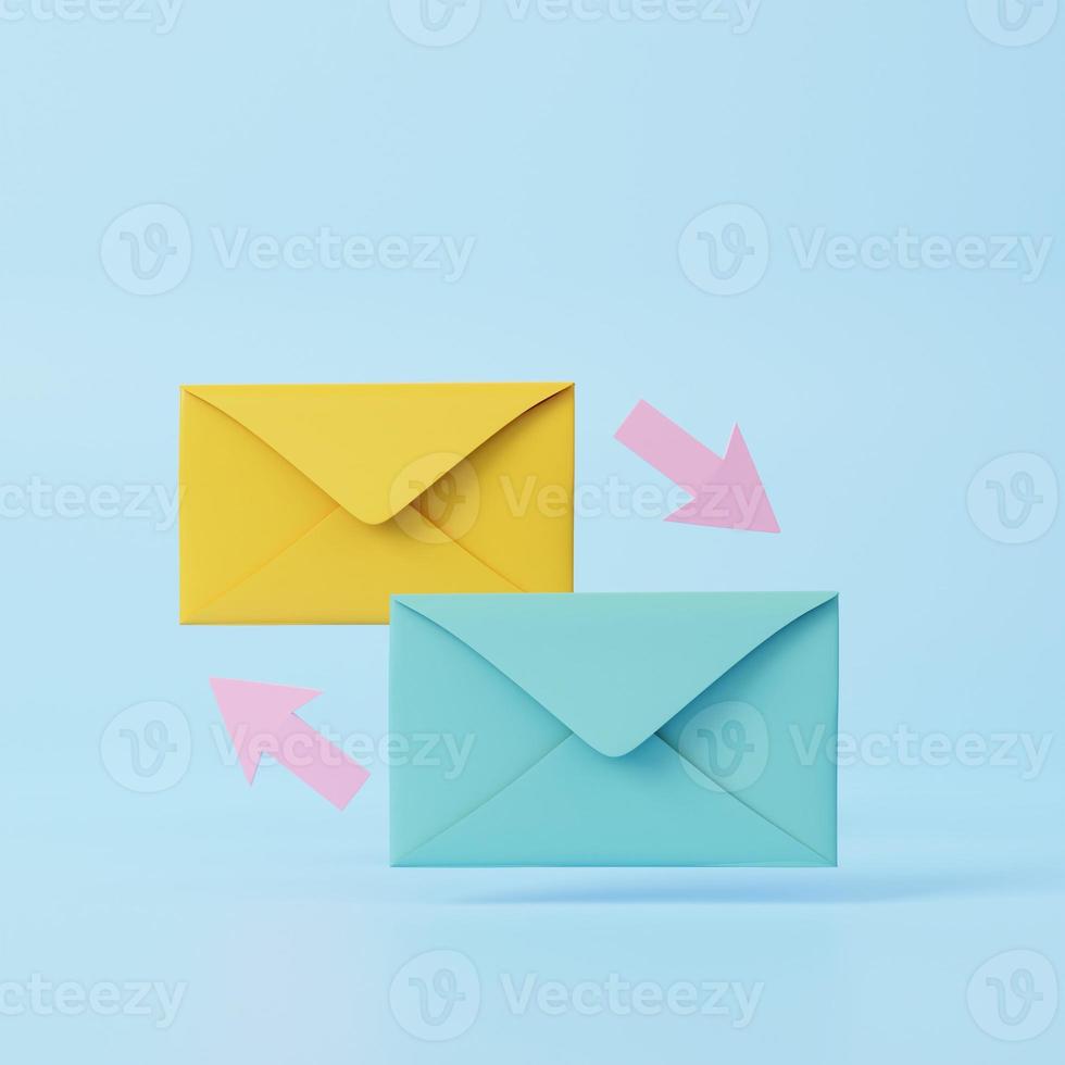 Mail Umschläge. online Korrespondenz, eingehend und abgehend Mail Botschaft Konzept. 3d Rendern Symbol. Karikatur minimal Stil. foto