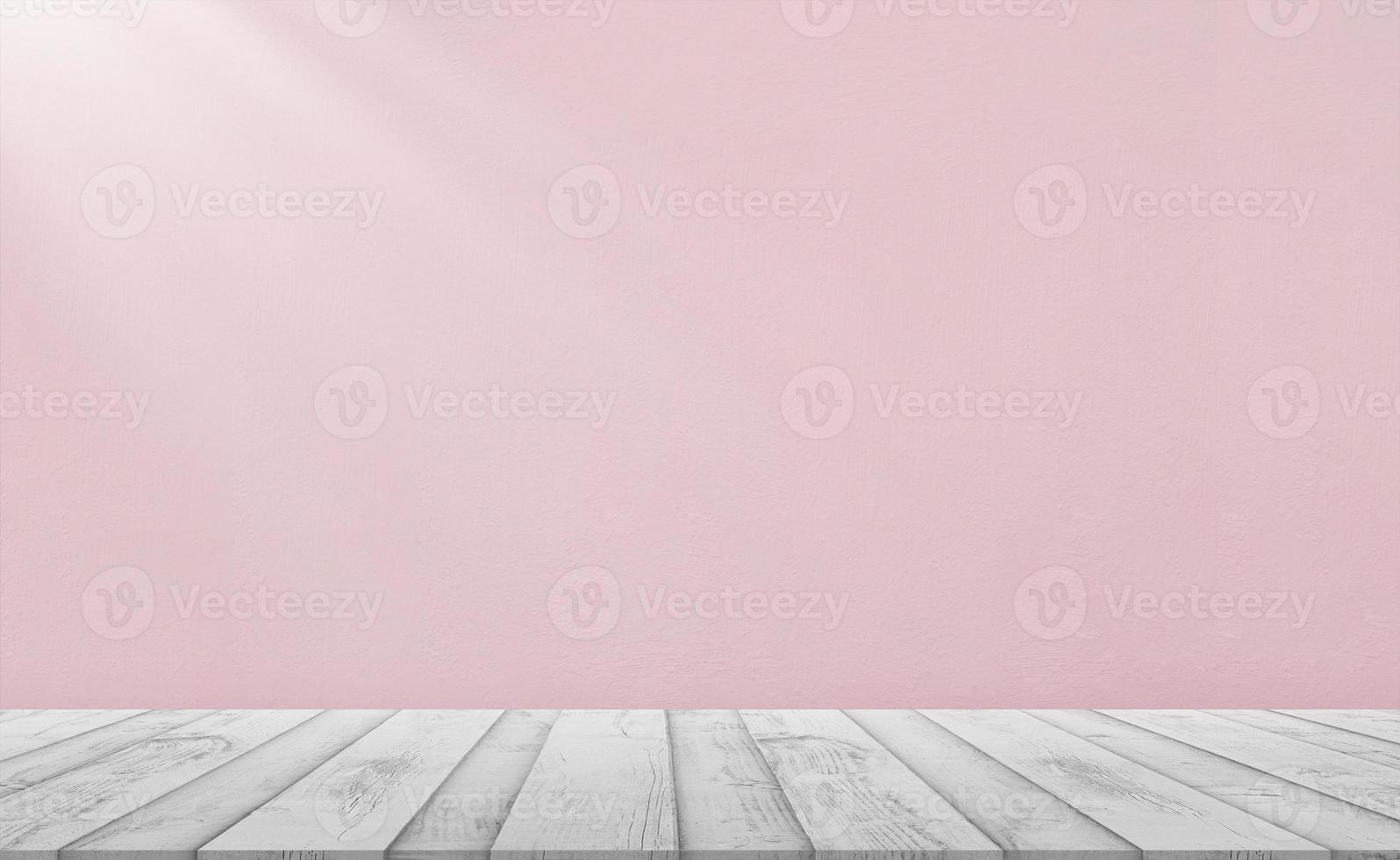 Beton Mauer Textur mit Weiß Holz oben Tisch, Holz Fußboden mit Korn Oberfläche auf Beige Zement Hintergrund, Außen Hintergrund mit verputzt Stuck auf Gebäude, Horizont Mauer gemalt eben verblassen Pastell- foto