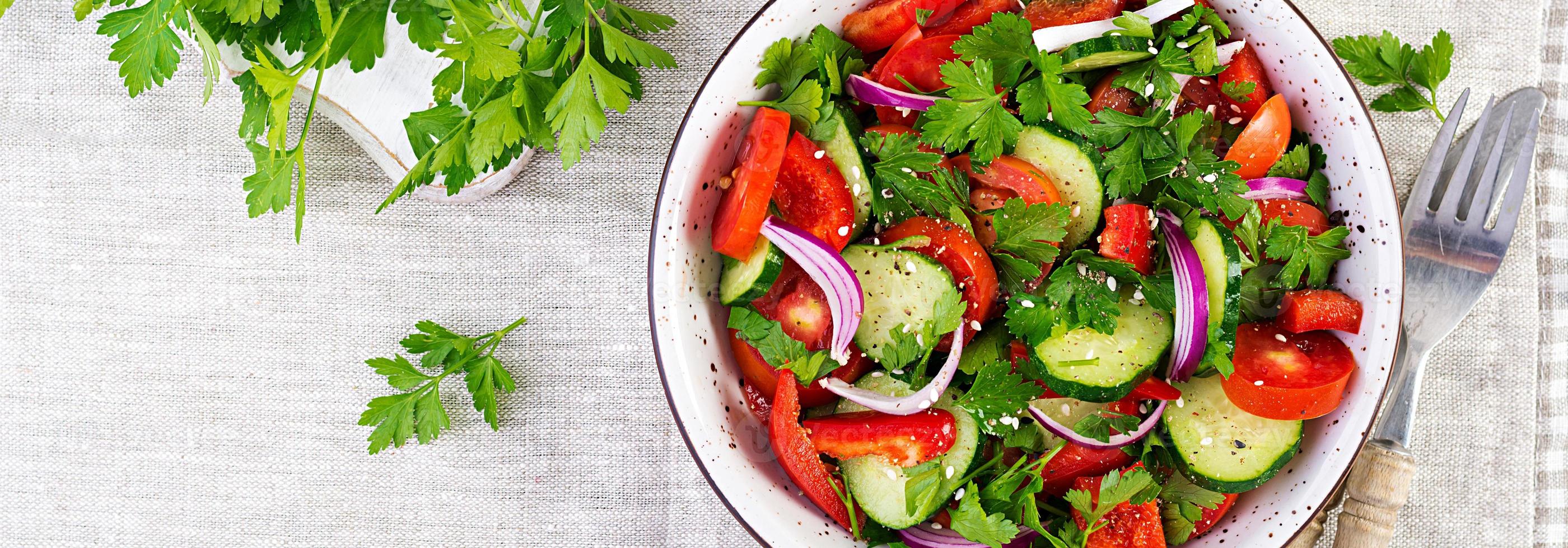 Tomate und Gurke Salat mit rot Zwiebel, Paprika, schwarz Pfeffer und Petersilie. vegan Lebensmittel. Diät Speisekarte. oben Sicht. eben legen foto