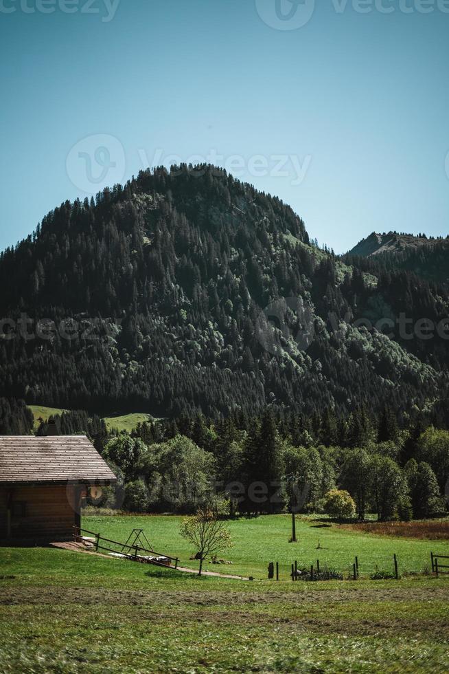 hölzern Hütte im das Alpen mit Berge im das Hintergrund Panorama foto