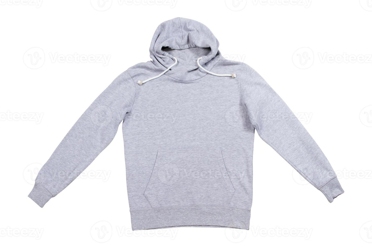 grau Sweatshirt mit ein Kapuze auf ein Weiß Hintergrund isoliert Kopieren Raum, leeren Hoody foto