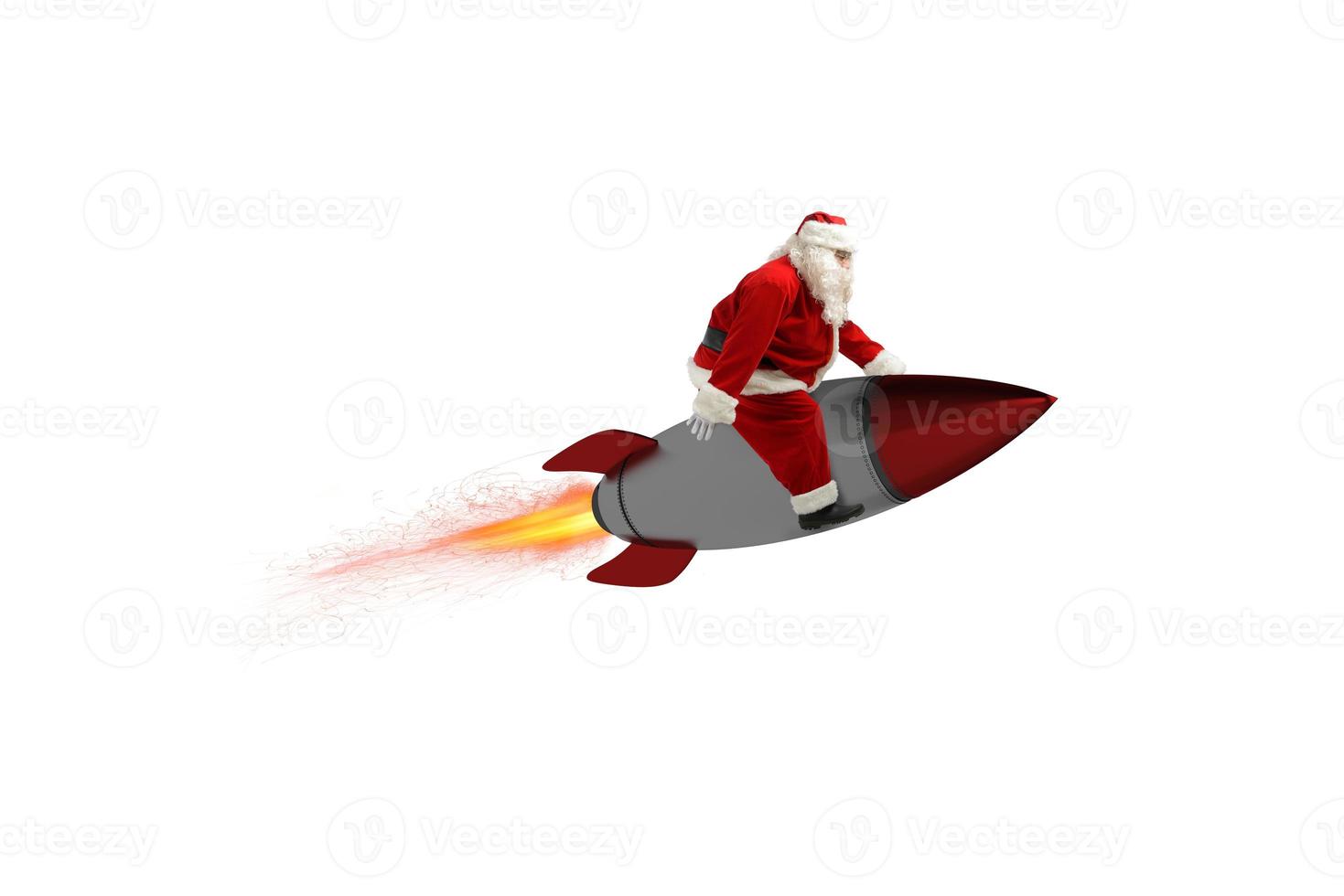 schnell Lieferung von Weihnachten Geschenke. Santa claus bereit zu fliegen mit ein Rakete isoliert auf Weiß Hintergrund foto