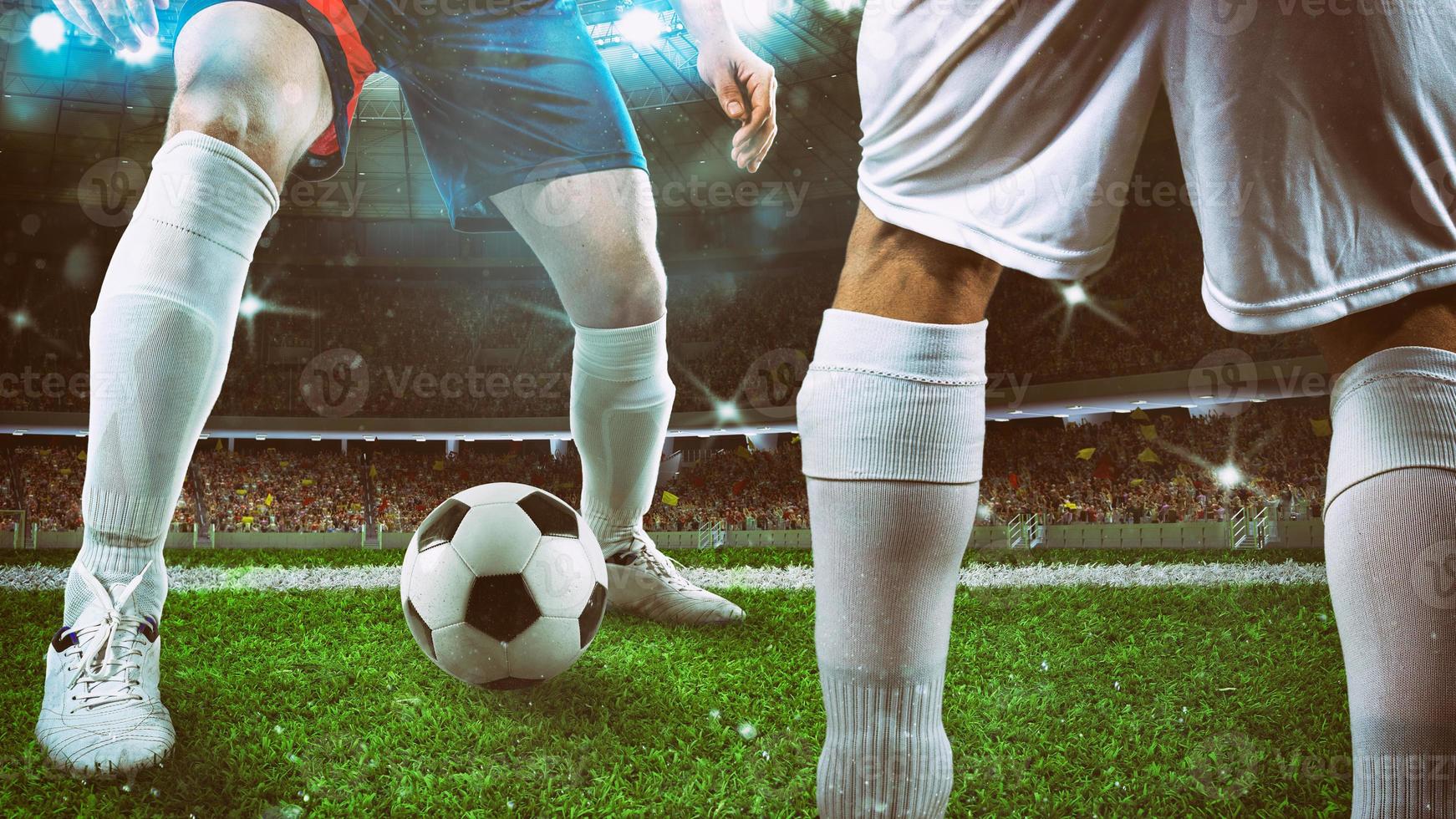 schließen oben von ein Fußball Spieler halten das Ball zum ein Dribbling beim das Stadion während das Nacht Spiel foto