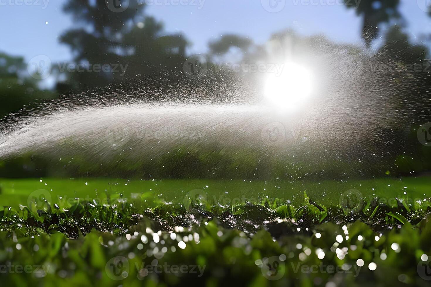 Wasser Spritzen sprühen beim das Gras oder Garten Feld könnte Sein von Schlauch oder Garten Sprinkler. Bewässerung das Pflanze. foto