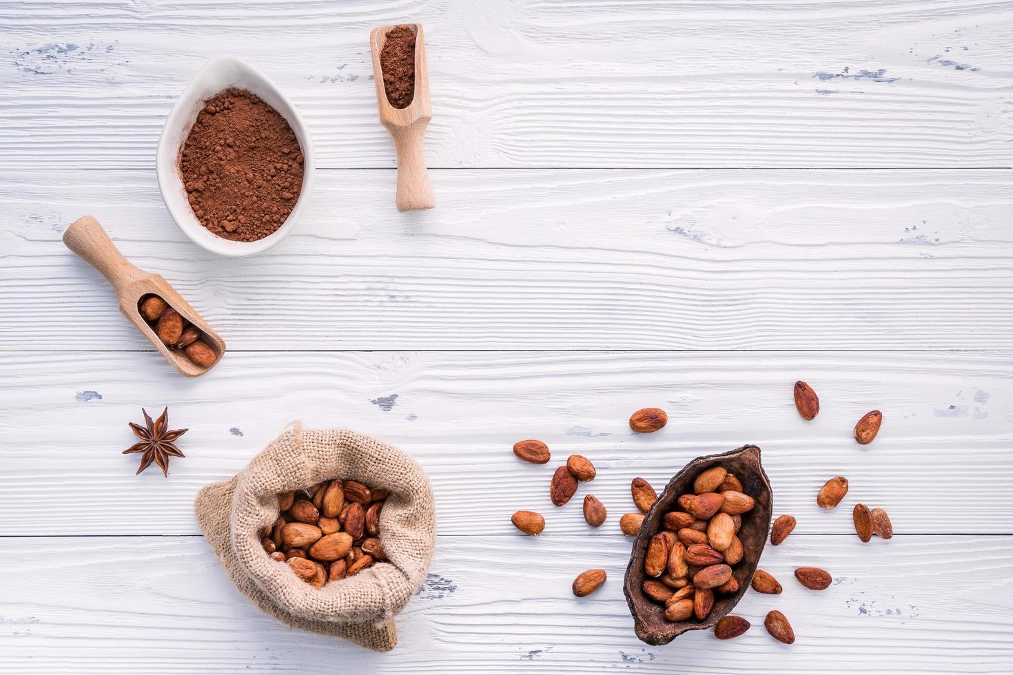 Kakaopulver und Kakaobohnen auf einem weißen hölzernen Hintergrund foto