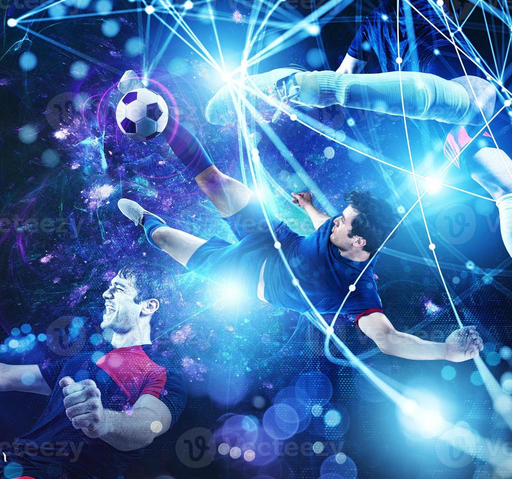 Fußball Szene mit Fußball Spieler im Vorderseite von ein futuristisch Digital Hintergrund foto