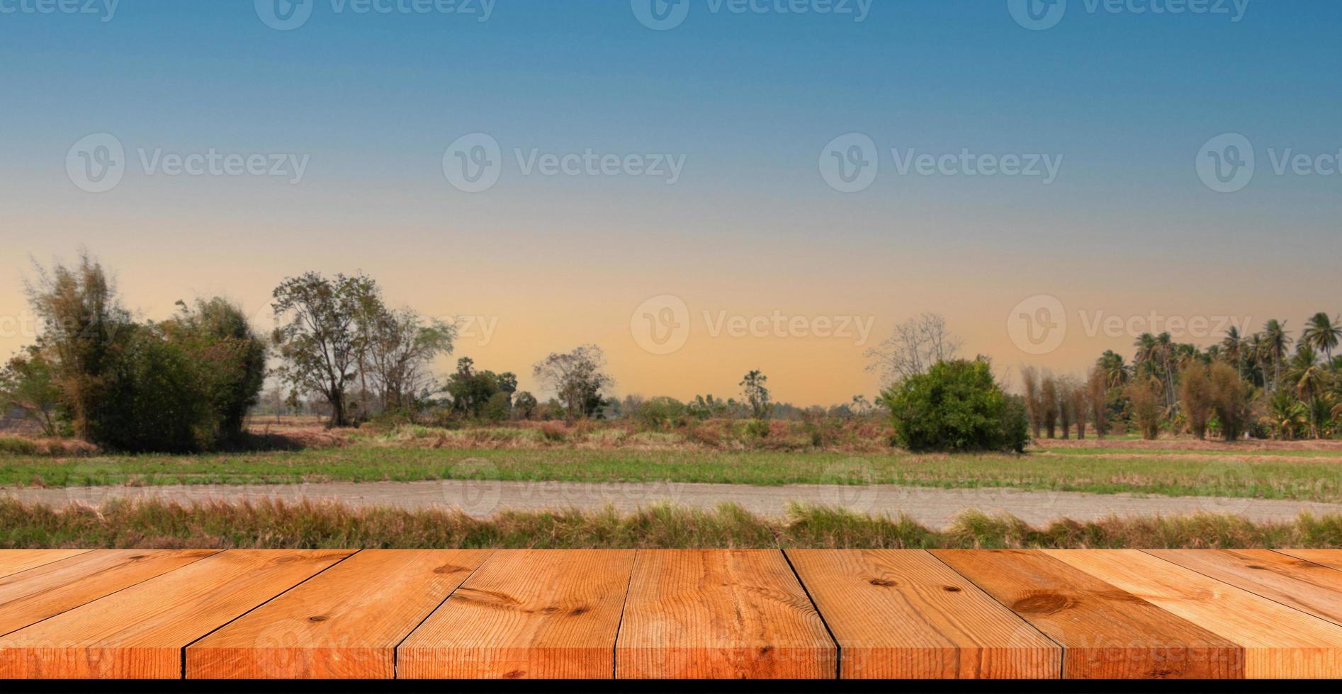Perspektive hölzern Tafel Über verschwommen Reis Feld im Landschaft foto