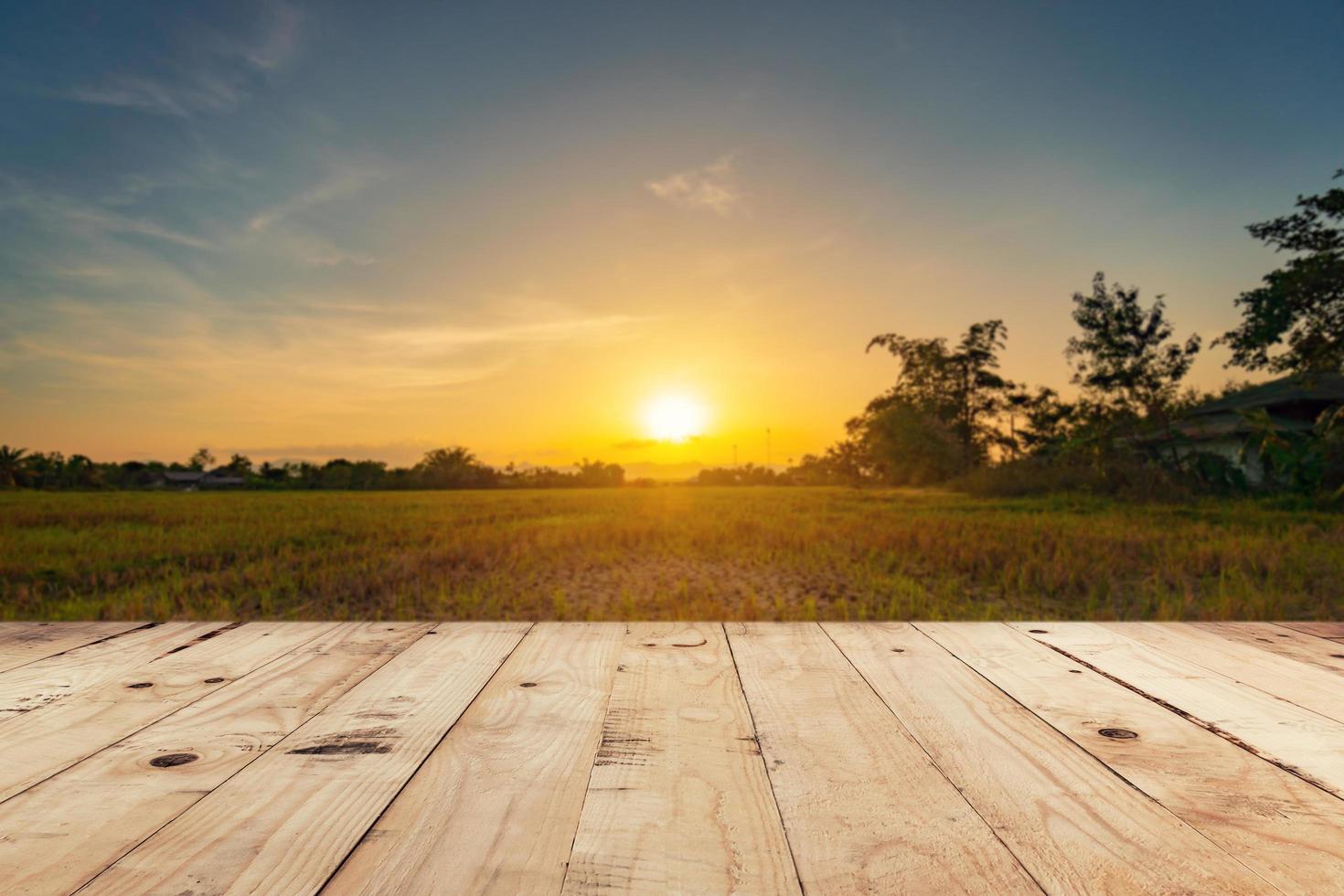 leeren hölzern Tabelle oben und Anzeige Montage mit verwischen Hintergrund Feld Sonnenuntergang. foto