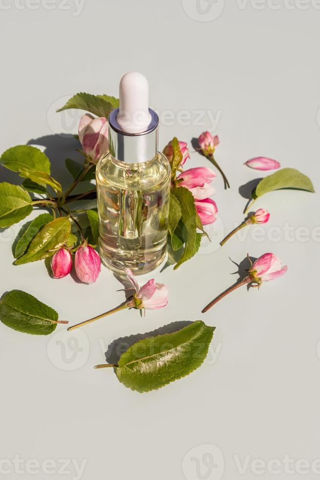 Vertikale Draufsicht einer Flasche mit einer Pipette mit einem feuchtigkeitsspendenden Serum zur Verjüngung der Gesichtshaut. Naturkosmetik. rosa Apfelblüten. foto