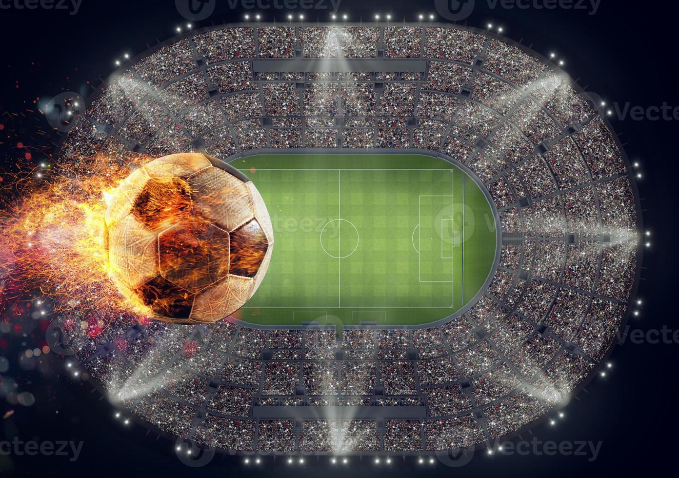 Fußball Ball mit Flamme von Feuer Über ein Stadion foto