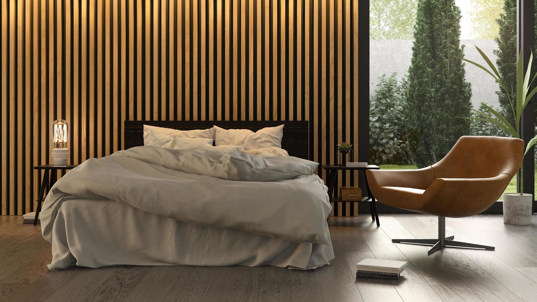 Innenarchitektur eines Schlafzimmers im skandinavischen Stil in 3D-Rendering foto