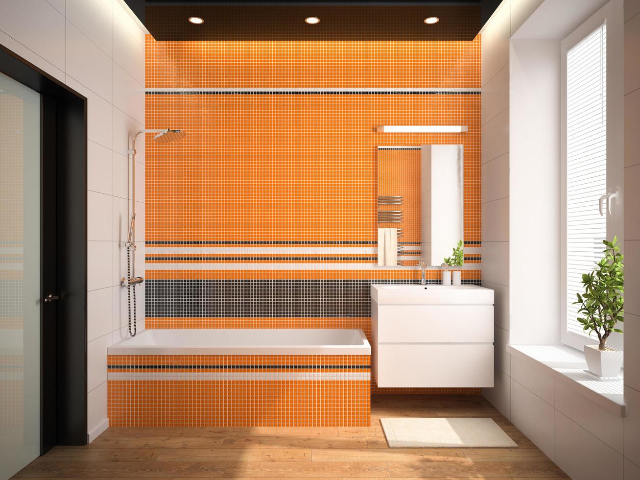 Innenraum eines Badezimmers mit orangefarbenen Wänden in 3D-Rendering foto