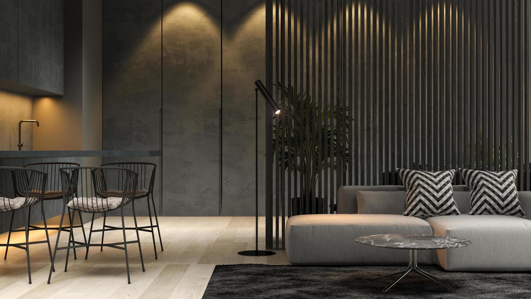 schwarzes minimalistisches Interieur eines modernen Hauses in der 3D-Darstellung foto