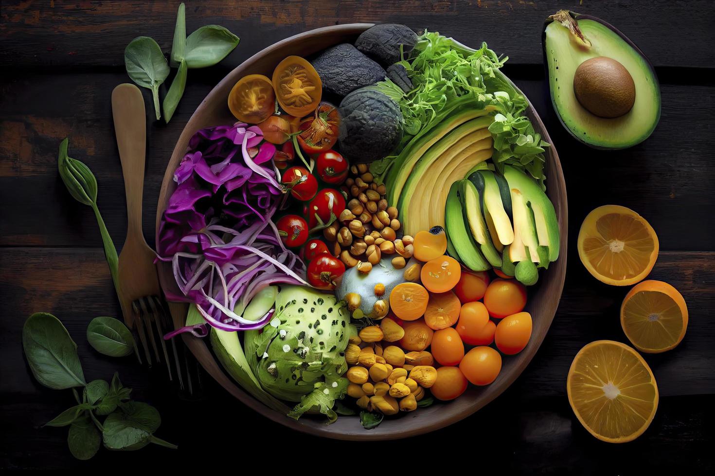 Stapel von Früchte und Gemüse im viele appetitlich Farben, Schuss von über, einladend zu führen ein gesund pflanzlich Lebensstil foto