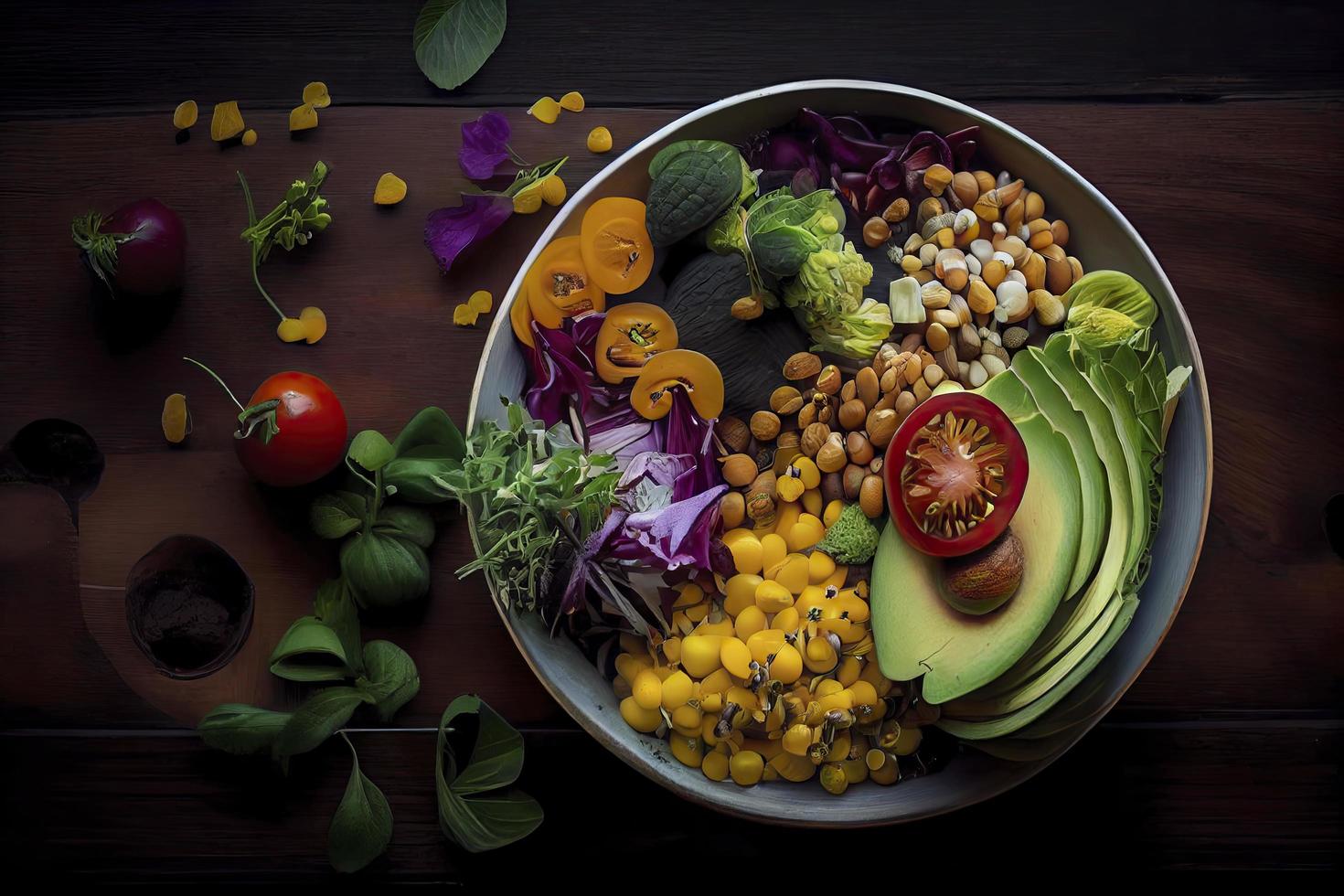 Stapel von Früchte und Gemüse im viele appetitlich Farben, Schuss von über, einladend zu führen ein gesund pflanzlich Lebensstil foto