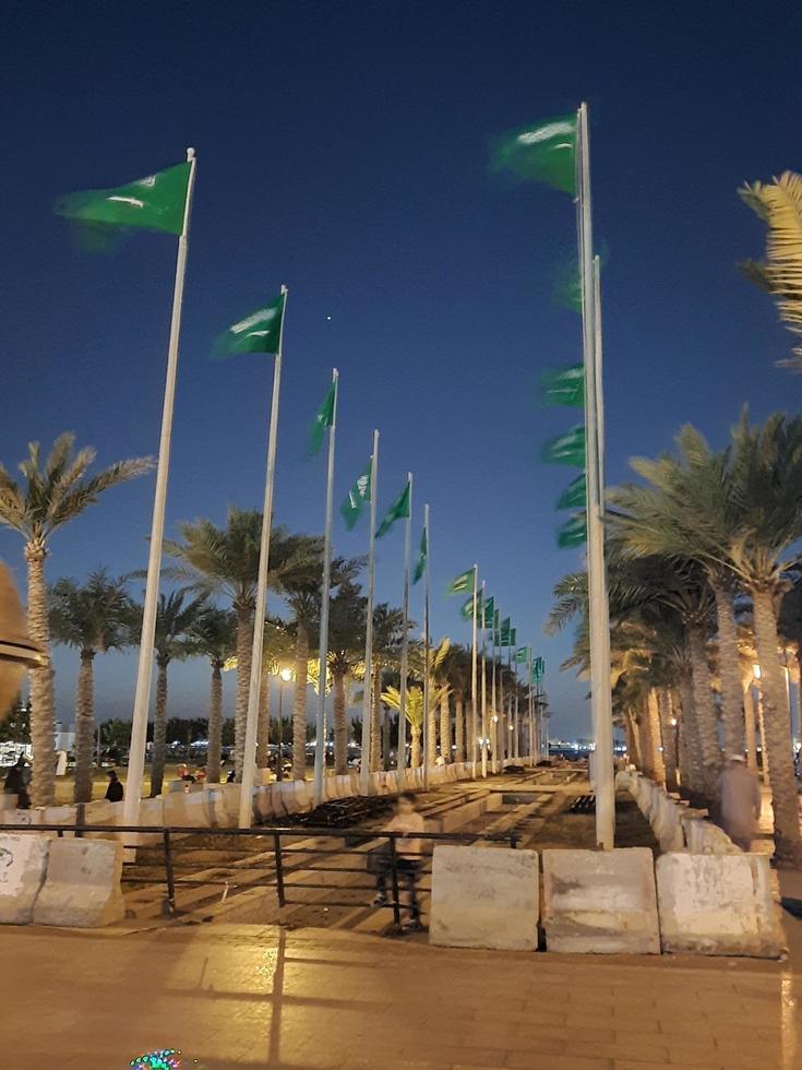 Jeddah, Saudi Arabien, feb 2023 - - ein schön Aussicht von das Flaggen von Saudi Arabien auf das jeddah Corniche auf das Gelegenheit von das Stiftung Tag von Saudi Arabien. foto