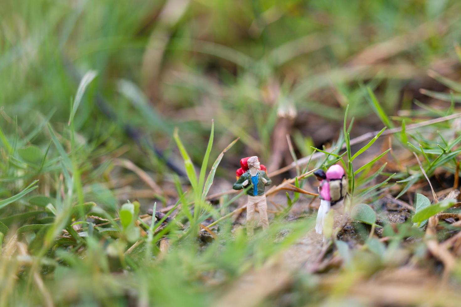 Miniaturreisender mit Rucksäcken auf dem Feld, Reise- und Abenteuerkonzept foto