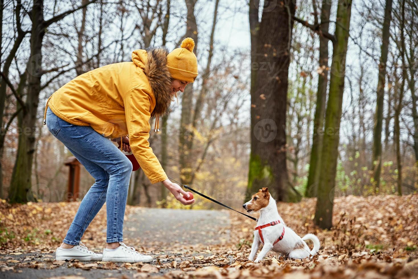 Frau mit Hundespaziergang im Herbstpark foto