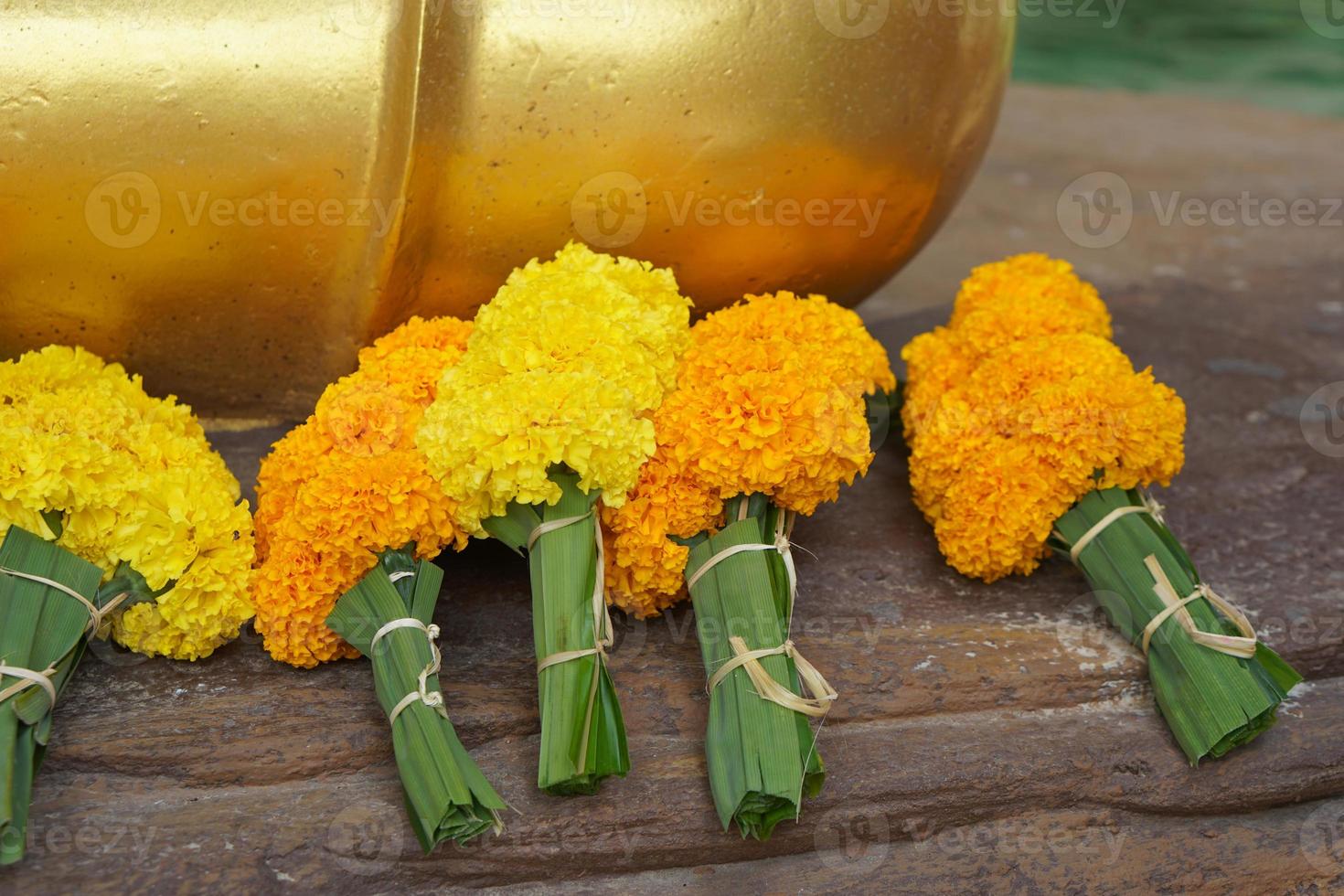 Ringelblumen, Lotus Blumen sind gebracht zu Zahlen Huldigung zu das Herr Buddha. foto