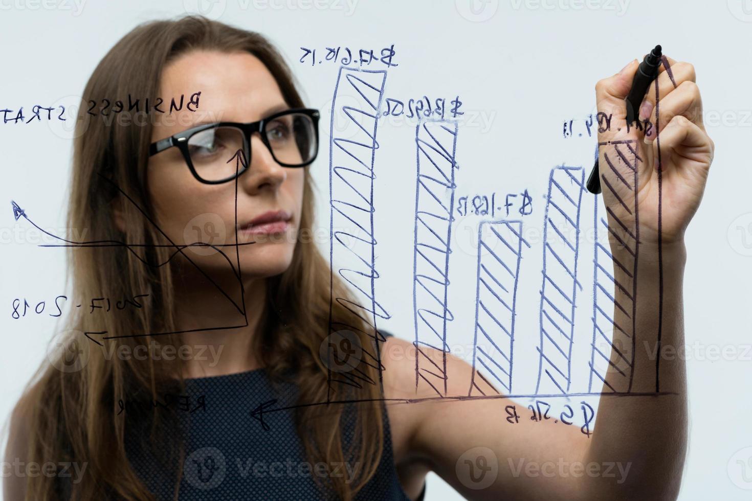 Frau zeichnet verschiedene Wachstum Diagramme, rechnen Aussichten zum Erfolg im ein modern Glas Büro foto