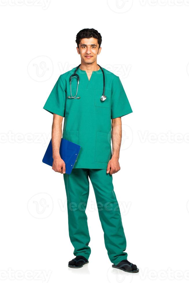 Porträt von Arzt mit Gesundheit Aufzeichnung auf Weiß Hintergrund foto