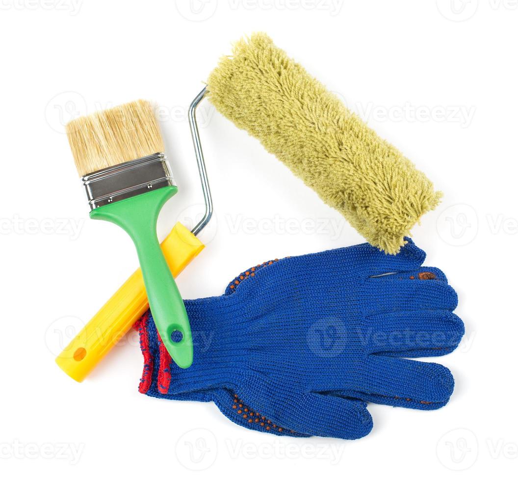 Werkzeug Kit mit Farbe Rolle, Farbe Bürste, Arbeit Handschuhe foto