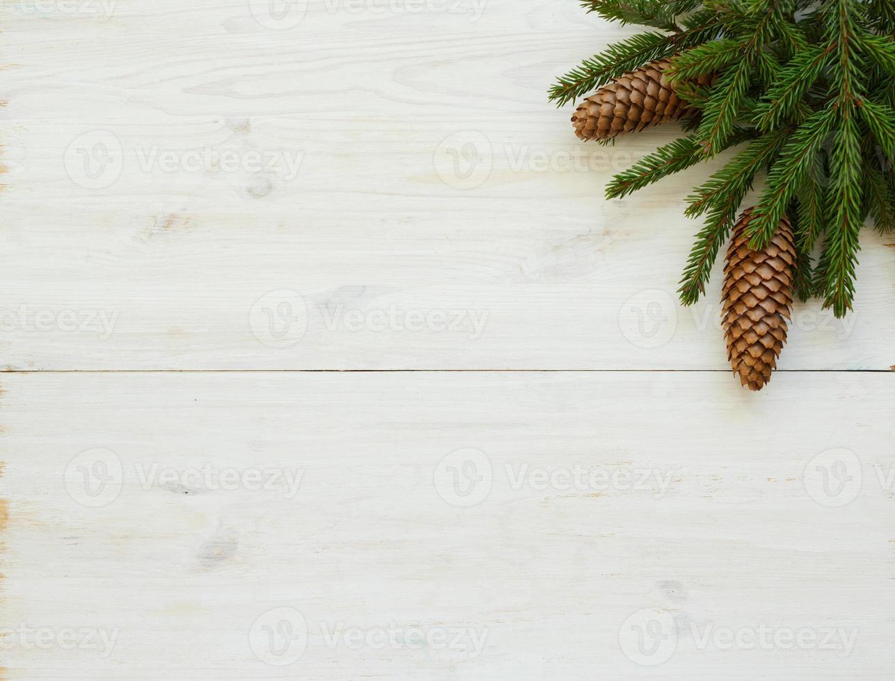 Weihnachten Baum Geäst mit Kegel auf Weiß hölzern Textur bereit zum Ihre Design foto