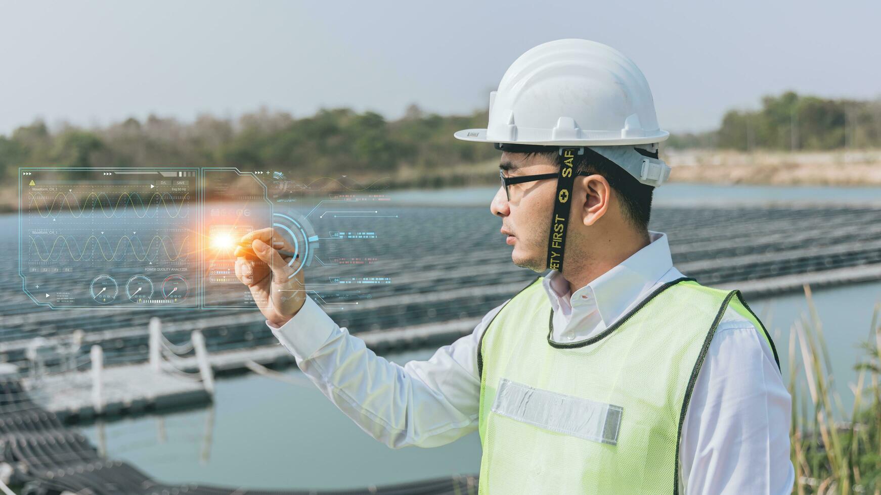 Ingenieur zeigen Finger oder Hand mit ein Symbol von Energie mit ein Solar- Zelle foto