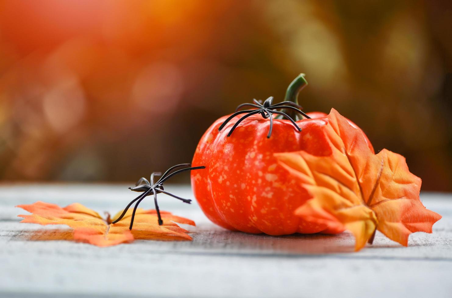 Halloween Hintergrund dekoriert Ferien festlich Konzept - - Spinne und Blätter Herbst Kürbis Halloween Dekorationen zum Party Zubehör Objekt auf hölzern Natur foto