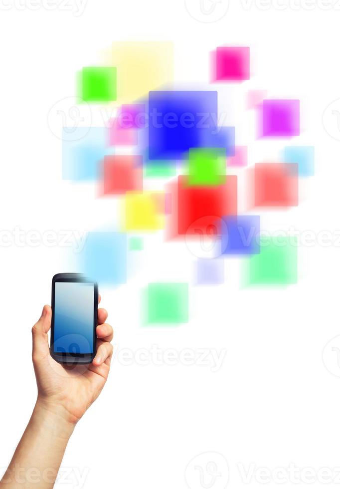 Zelle Telefon und ein futuristisch Digital Darstellung von Sozial Medien Über Weiß Hintergrund foto
