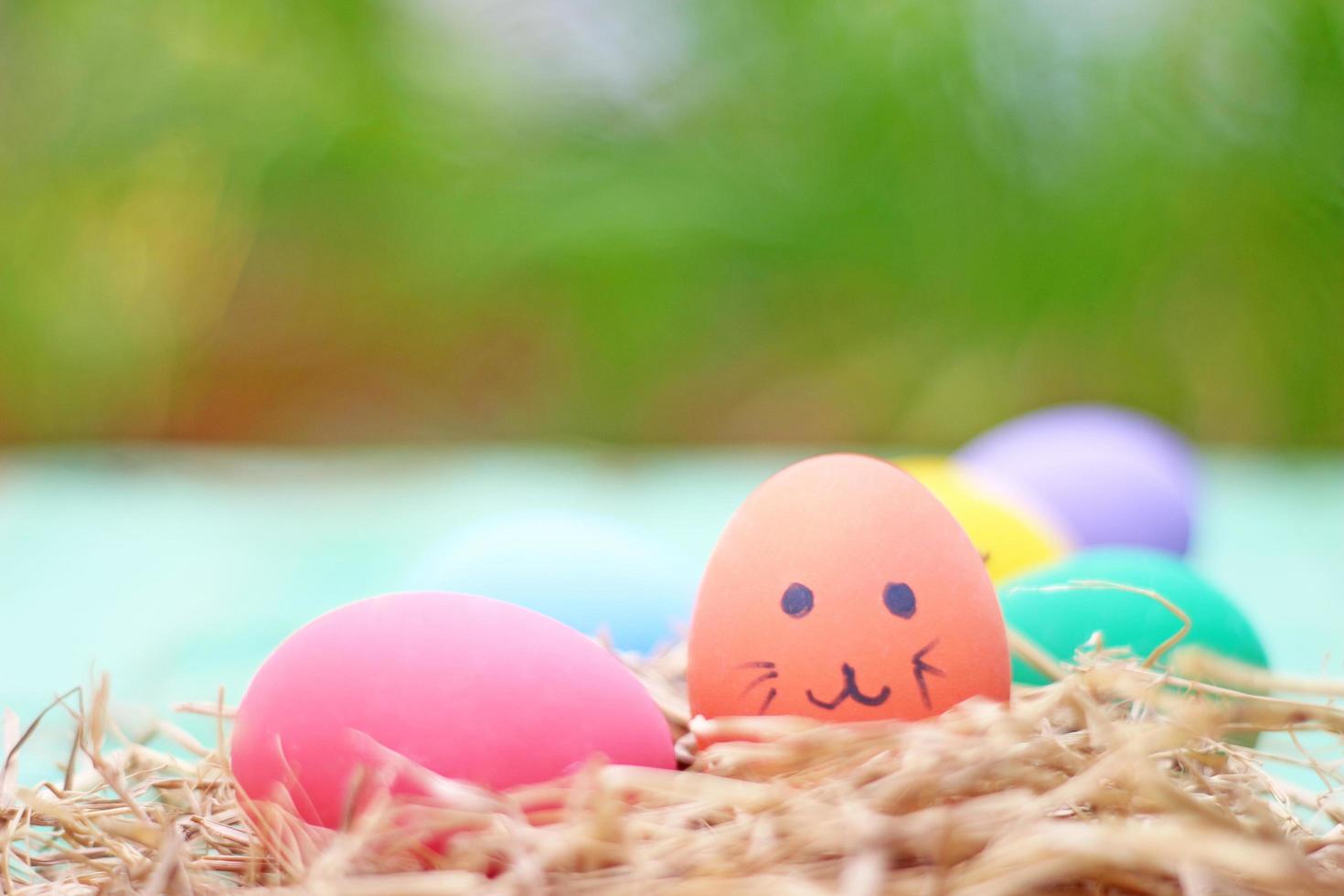 Ostereier in einem Nest auf einem hölzernen Hintergrund foto