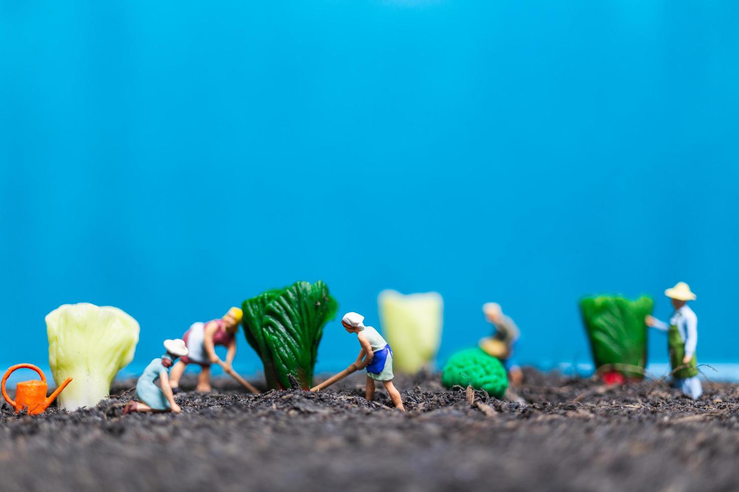 Miniaturgärtner, die Gemüse ernten, landwirtschaftliches Konzept foto