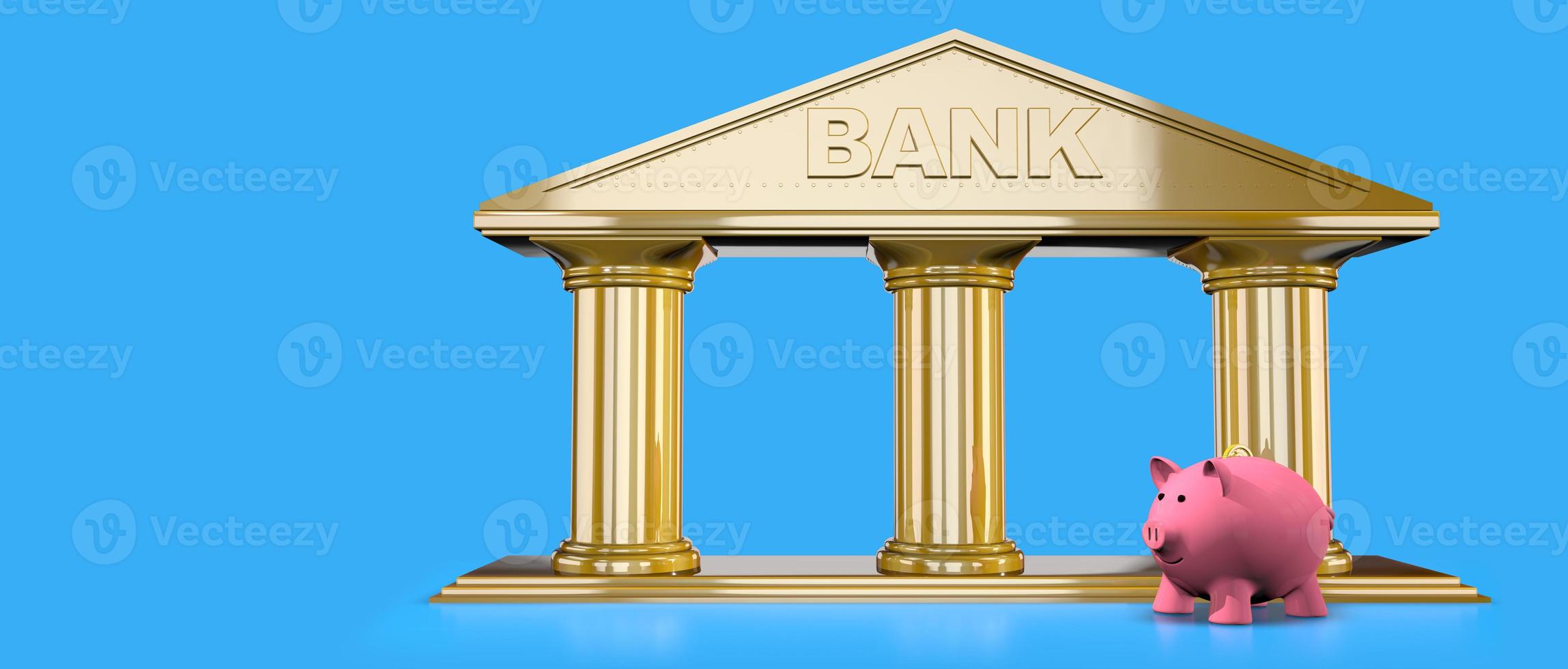 Vorderseite Aussicht von Rosa Keramik Schweinchen Bank Stehen auf reflektierend Gold texturiert Bank Symbol gegen Blau Hintergrund foto