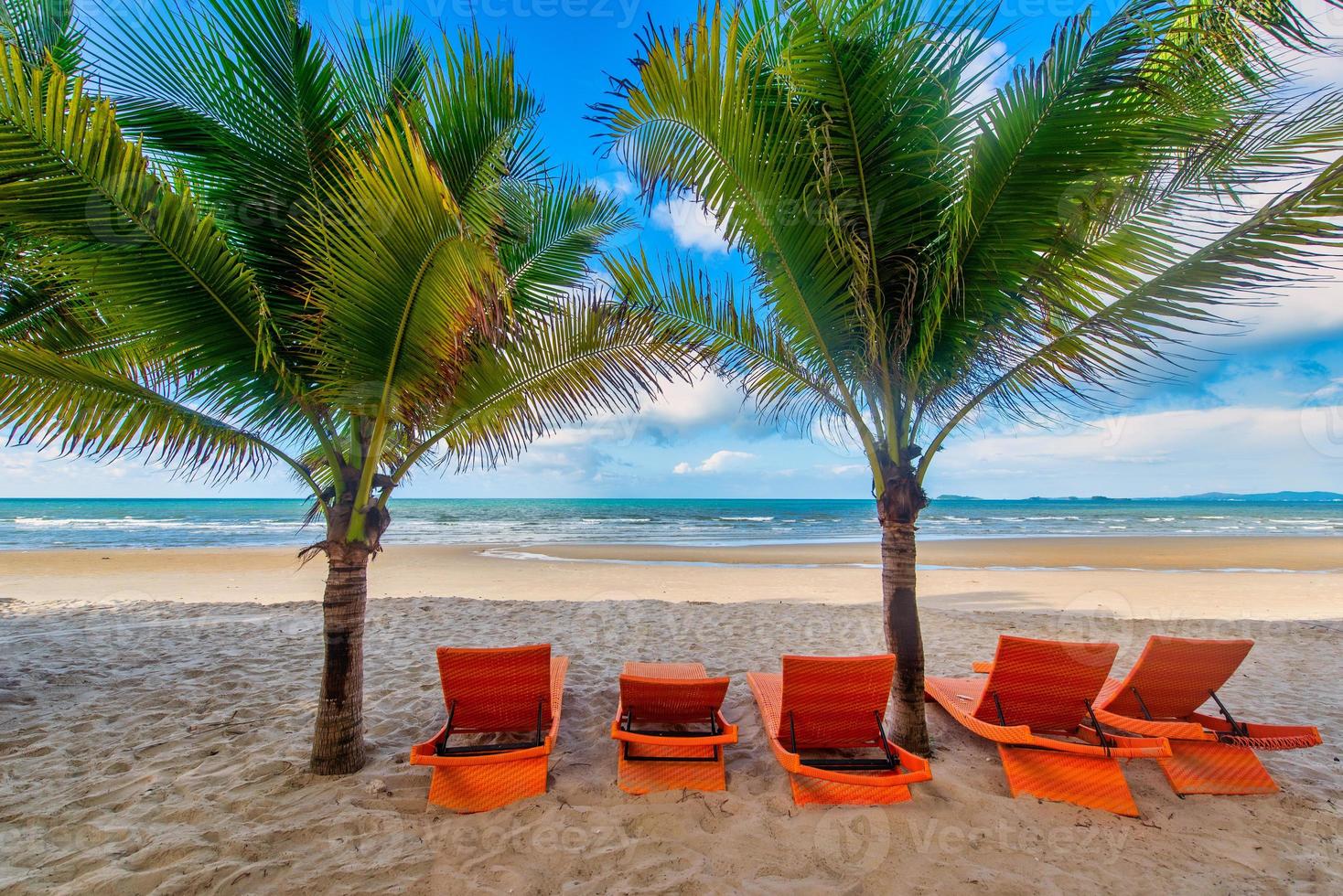 Strand Stühle und Kokosnuss Palme Baum mit Blau Himmel Hintergrund auf das tropisch Strand beim tagsüber foto
