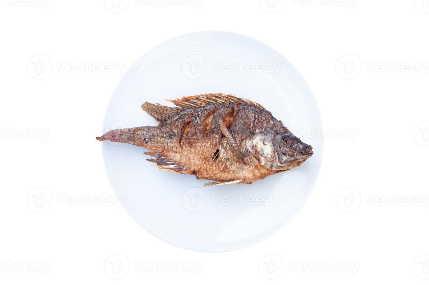 gebraten Fisch Tilapia auf Weiß Gericht isoliert auf Weiß Hintergrund, thailändisch Essen Stil foto