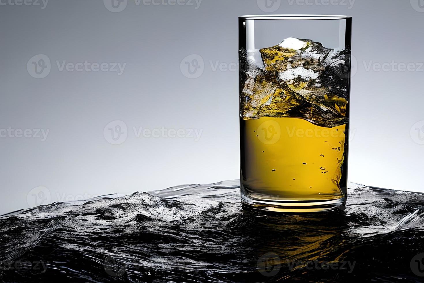 ein Glas von Whiskey Alkohol mit Eis Studio kommerziell Beförderung und Marketing Produkt Hintergrund. foto