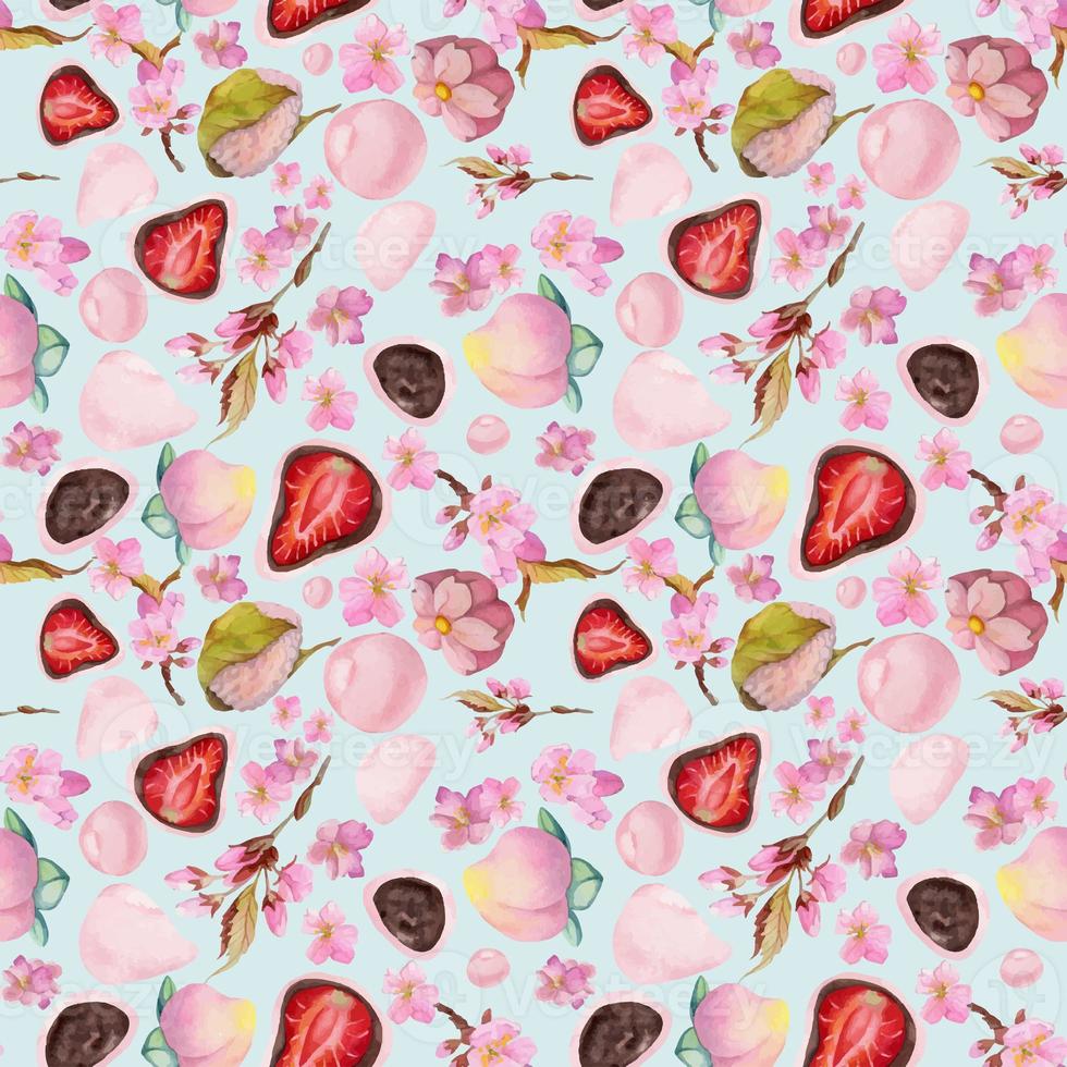 Aquarell nahtlos Muster mit Hand gezeichnet traditionell japanisch Süßigkeiten. wagashi, mochi, Sakura Blüte. isoliert auf Farbe Hintergrund. Einladungen, Restaurant Speisekarte, Gruß Karten, drucken, Textil- foto