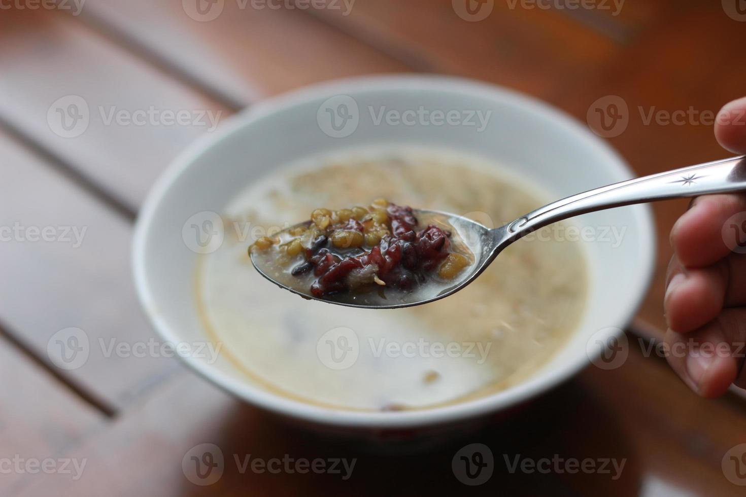 ein schließen oben von ein Schüssel von Grün Bohne Haferbrei und schwarz klebrig Reis übergossen im Kokosnuss Milch foto