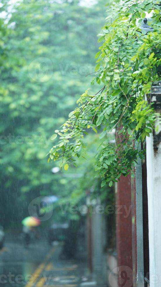 das regnerisch Tag Aussicht im das Stadt mit das nass Straße und regnerisch Tröpfchen Nieder foto