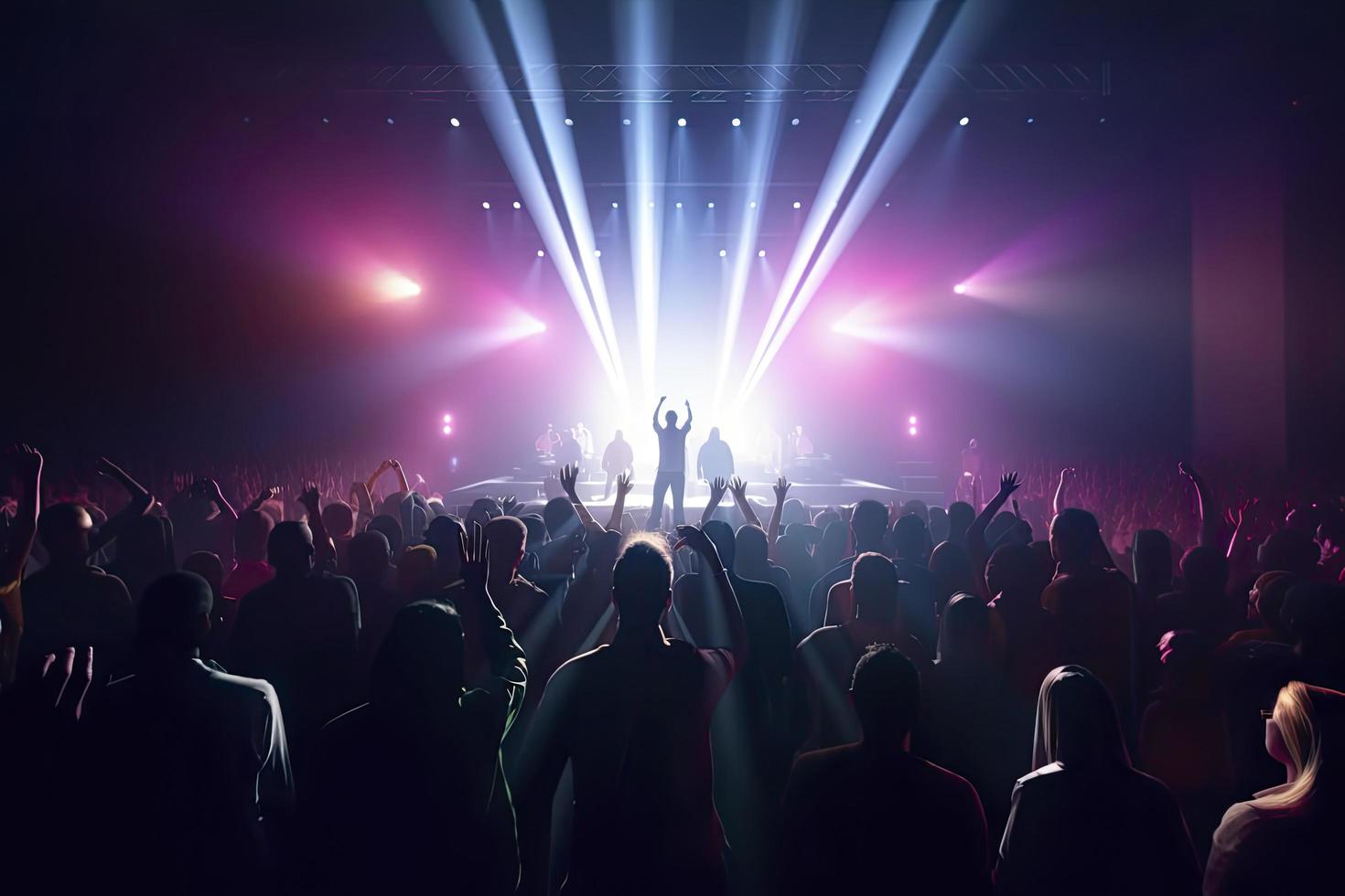 Zukunft von überfüllt Konzert Halle auf Bühne mit Szene Bühne Beleuchtung, Felsen Show Performance foto