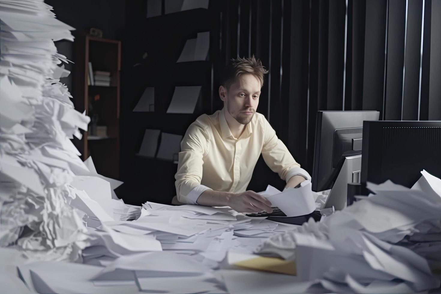 Homme au Milieu de Haufen de Papiere sur Sohn Büro foto